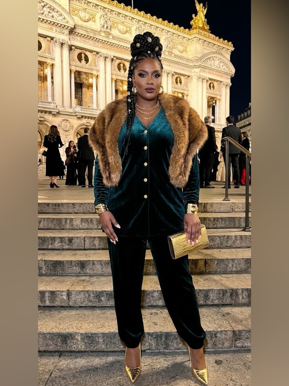 Ellen Figg Green Velvet Gold Button Jacket Pants Set Size 2X
